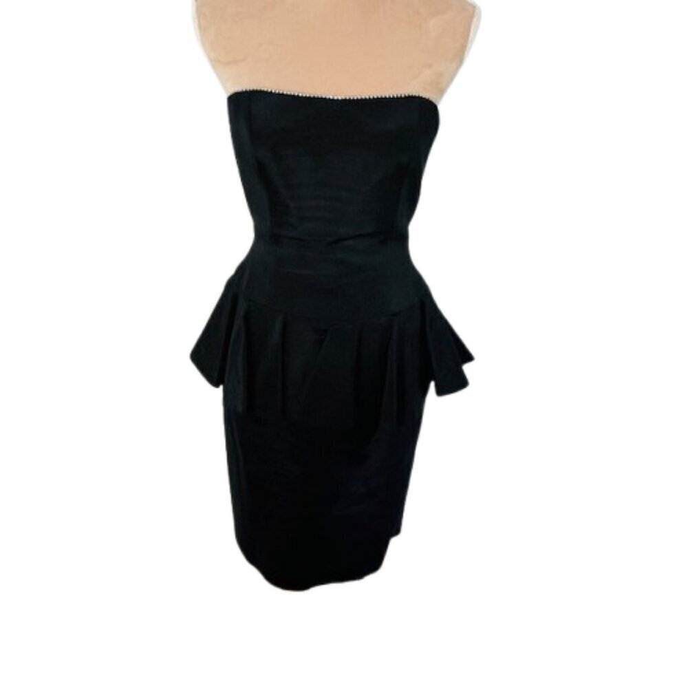 Vintage 80's AJ Bari Strapless Rhinestone Peplum Cut out Back Silk Dress XS